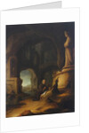 A hermit at prayer in a grotto with classical ruins by Jan Adriansz van Staveren