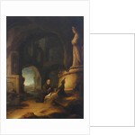 A hermit at prayer in a grotto with classical ruins by Jan Adriansz van Staveren
