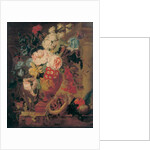 Flowers in a terracotta vase decorated with putti, with fruits, butterflies, a bluebottle, a snail, a spider and four chicks in a nest on a ledge by Jan Frans (circle of) Eliaerts