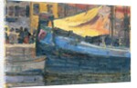 Anchored boats with a house wall in the background, 1908 by Egon Schiele