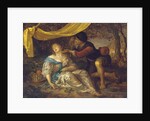 A shepherd kneeling over a lady sleeping under a canopy in a wooded landscape by Karel de Moor