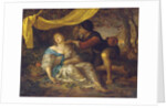 A shepherd kneeling over a lady sleeping under a canopy in a wooded landscape by Karel de Moor