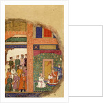 King Dasaratha Conversing with the Family Priest about Rama's Regency Inside the Palace, Whilst Courtiers and Ministers Await in the Courtyard, c.1595 by Mughal School