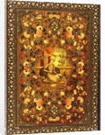 A Zand book cover painted with a central seated figure within an interior, surrounded by floral sprays by Persian School