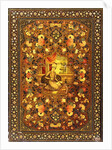 A Zand book cover painted with a central seated figure within an interior, surrounded by floral sprays by Persian School