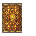 A Zand book cover painted with a central seated figure within an interior, surrounded by floral sprays by Persian School