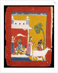 Rukmini offering water to the sage Narada while her consort Krishna sits in her house, c.1725-1730 by Indian School