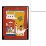 Rukmini offering water to the sage Narada while her consort Krishna sits in her house, c.1725-1730 by Indian School