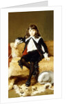 Portrait of a Boy, seated full length, on a Sofa Draped with a Lion Skin by Geza Vastagh