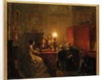 A family gathered around a lamplit table, 1854 by Petrus Kiers
