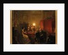 A family gathered around a lamplit table, 1854 by Petrus Kiers