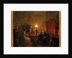 A family gathered around a lamplit table, 1854 by Petrus Kiers