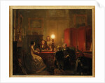 A family gathered around a lamplit table, 1854 by Petrus Kiers