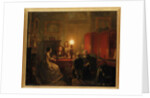 A family gathered around a lamplit table, 1854 by Petrus Kiers