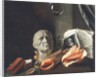 Vanitas still life with a bust, seashells, books and glass flasks by Dutch School