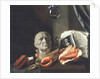 Vanitas still life with a bust, seashells, books and glass flasks by Dutch School