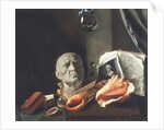 Vanitas still life with a bust, seashells, books and glass flasks by Dutch School