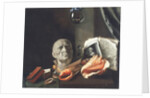 Vanitas still life with a bust, seashells, books and glass flasks by Dutch School