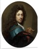 Portrait of the artist in a blue coat and brown velvet cape, with a medallion of the Elector Palatine, Johann Wilhelm by Godfried Schalken or Schalcken