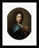 Portrait of the artist in a blue coat and brown velvet cape, with a medallion of the Elector Palatine, Johann Wilhelm by Godfried Schalken or Schalcken