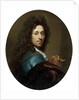 Portrait of the artist in a blue coat and brown velvet cape, with a medallion of the Elector Palatine, Johann Wilhelm by Godfried Schalken or Schalcken