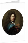 Portrait of the artist in a blue coat and brown velvet cape, with a medallion of the Elector Palatine, Johann Wilhelm by Godfried Schalken or Schalcken