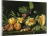 Pomegranates, melons, grapes, peaches, figs and other fruits on a stone ledge by Master of the Acquavella Still Life