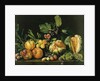 Pomegranates, melons, grapes, peaches, figs and other fruits on a stone ledge by Master of the Acquavella Still Life