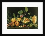 Pomegranates, melons, grapes, peaches, figs and other fruits on a stone ledge by Master of the Acquavella Still Life