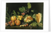 Pomegranates, melons, grapes, peaches, figs and other fruits on a stone ledge by Master of the Acquavella Still Life