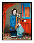 Portrait of a Court Lady Seated, in a Blue Robe, Playing the Flute, with a Pipe and Tea Cup on a Table by her Side, late 19th century by School Chinese