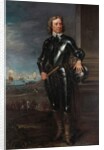 Portrait of Oliver Cromwell in Armour, a Seascape and Battle Beyond, late 1650s by English School