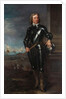 Portrait of Oliver Cromwell in Armour, a Seascape and Battle Beyond, late 1650s by English School
