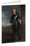 Portrait of Oliver Cromwell in Armour, a Seascape and Battle Beyond, late 1650s by English School