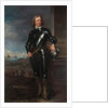 Portrait of Oliver Cromwell in Armour, a Seascape and Battle Beyond, late 1650s by English School
