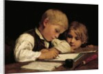 A Boy Writing; Schreibender Knabe Mit Schwesterchen, 1875 by Albert Anker
