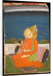 A Bejeweled Dignitary, Wearing a Plumed Turban, Holding a Lotus Bud, Sitting on a Terrace by Indian School