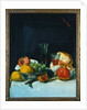 Grapes, Lemons and Pomegranates with White Wine Glasses and Loaf of Bread by George Leslie Hunter