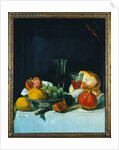 Grapes, Lemons and Pomegranates with White Wine Glasses and Loaf of Bread by George Leslie Hunter
