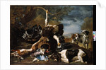A Spaniel, an Eagle, a Hare and a Wicker Basket with a Jay, Finches and other Birds Overlooked by two Hounds, a Mountainous Landscape Beyond by David de Coninck