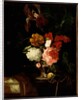 A Rose, an Iris, Lilac and other Flowers in an Auricular Silver Vase with a Snail and a Butterfly on a Draped Ledge by Willem van Aelst