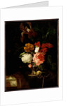 A Rose, an Iris, Lilac and other Flowers in an Auricular Silver Vase with a Snail and a Butterfly on a Draped Ledge by Willem van Aelst