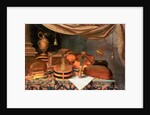 A Guitar, a Cello, Lutes, a Musical Score and other Books, a Gilt Ewer and an Armillary Sphere on a Draped Table, a Column Beyond and a Curtain Above by Evaristo Baschenis