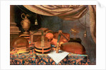 A Guitar, a Cello, Lutes, a Musical Score and other Books, a Gilt Ewer and an Armillary Sphere on a Draped Table, a Column Beyond and a Curtain Above by Evaristo Baschenis