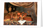 A Guitar, a Cello, Lutes, a Musical Score and other Books, a Gilt Ewer and an Armillary Sphere on a Draped Table, a Column Beyond and a Curtain Above by Evaristo Baschenis