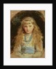 Portrait of Beatrice Caird wearing a white dress with a blue sash by John Everett Millais
