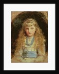 Portrait of Beatrice Caird wearing a white dress with a blue sash by John Everett Millais