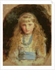 Portrait of Beatrice Caird wearing a white dress with a blue sash by John Everett Millais