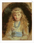 Portrait of Beatrice Caird wearing a white dress with a blue sash by John Everett Millais