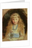Portrait of Beatrice Caird wearing a white dress with a blue sash by John Everett Millais